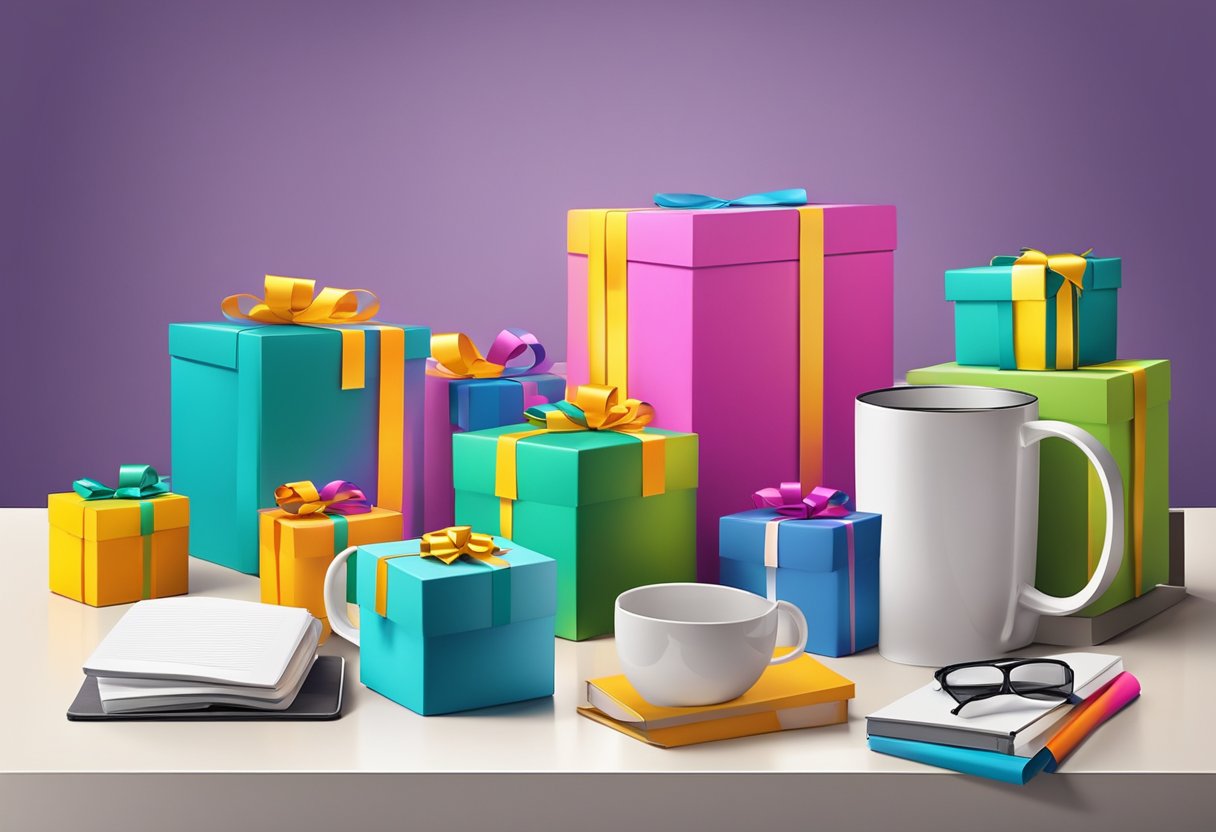Colorful gift boxes arranged on a sleek table with company logo. Customized mugs, notebooks, and tech gadgets displayed. Bright office backdrop