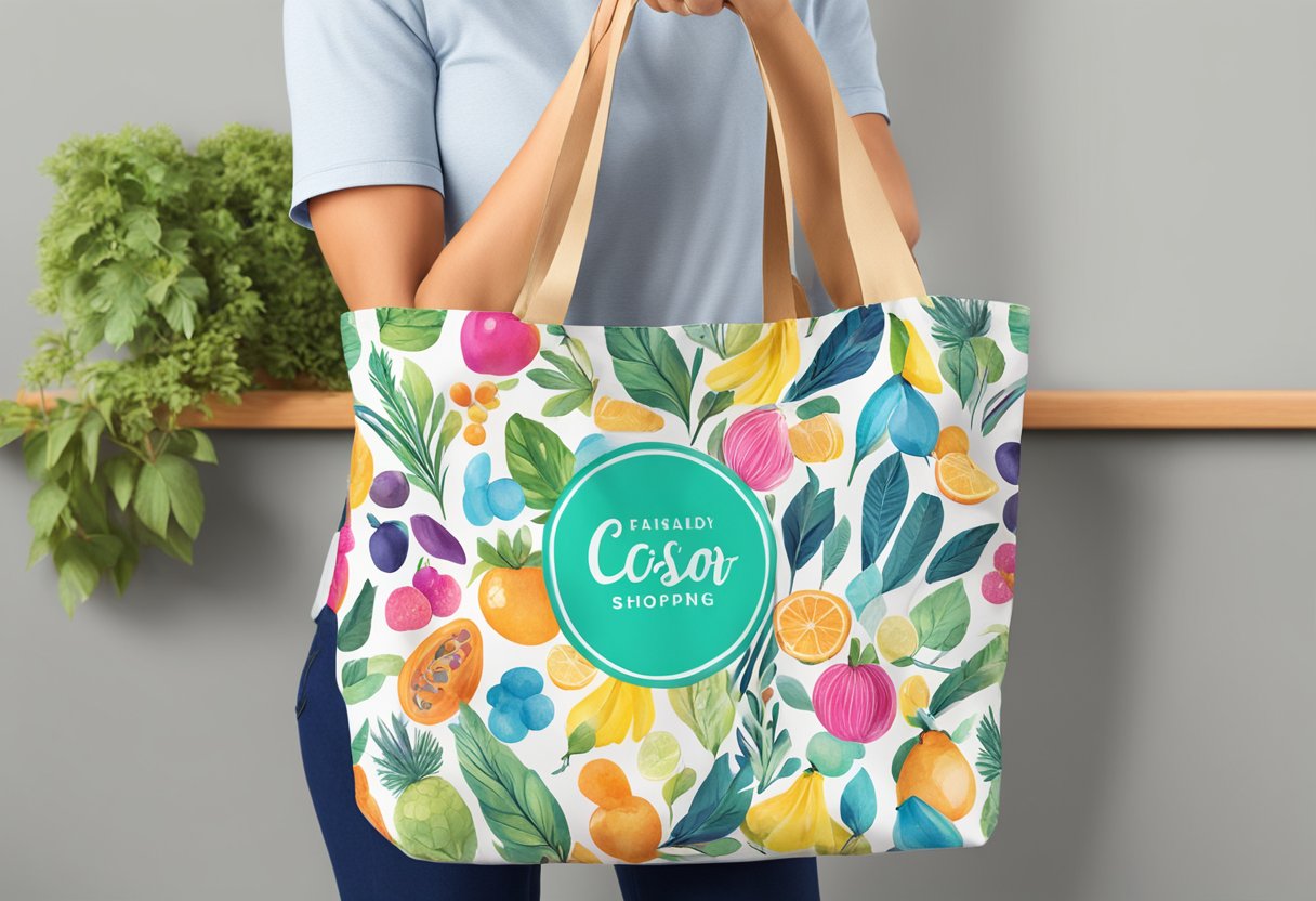 A vibrant, eco-friendly custom reusable shopping bag adorned with colorful patterns and personalized text, being used to carry groceries and everyday items