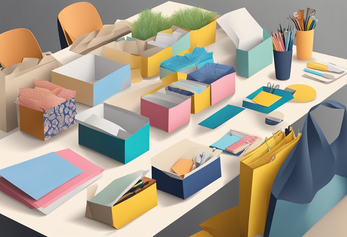 A designer customizes paper bags with various colors and patterns. Tables are filled with different materials and tools for customization