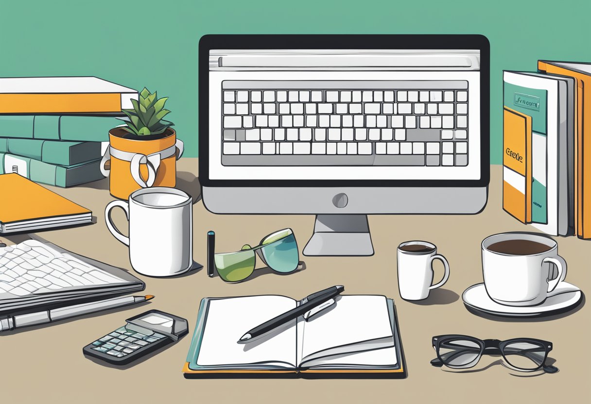 A table displays an array of corporate gifts: branded mugs, notebooks, and tech accessories. A banner reads "Goodies Corporate Gifts" in bold lettering