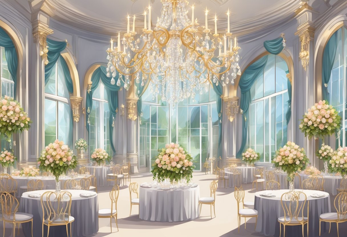 A luxurious wedding venue with elegant decor, floral arrangements, and a grand chandelier. Tables set with fine china and crystal glassware