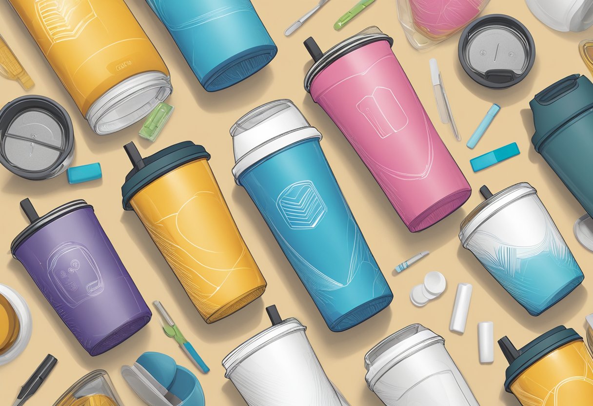 A customisable tumbler sits on a table, surrounded by a variety of interchangeable lids and sleeves, ready to be personalized