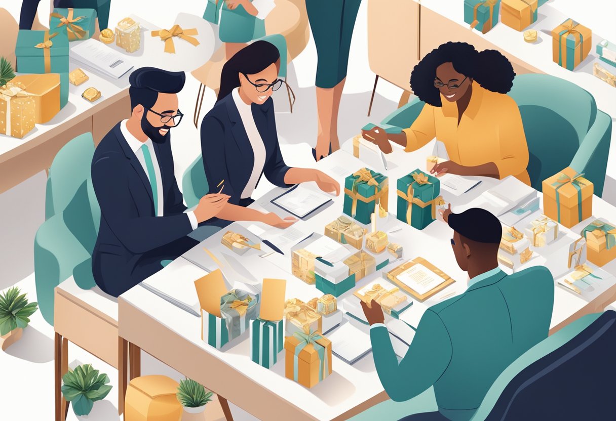 A table adorned with branded gift boxes, elegant stationery, and luxurious treats, surrounded by smiling professionals exchanging business cards