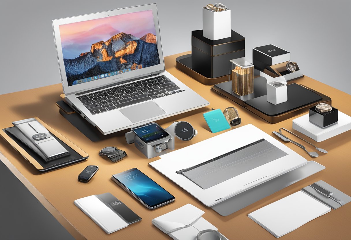 A table adorned with luxury corporate gifts, including high-end tech gadgets, gourmet gift baskets, and custom-engraved accessories