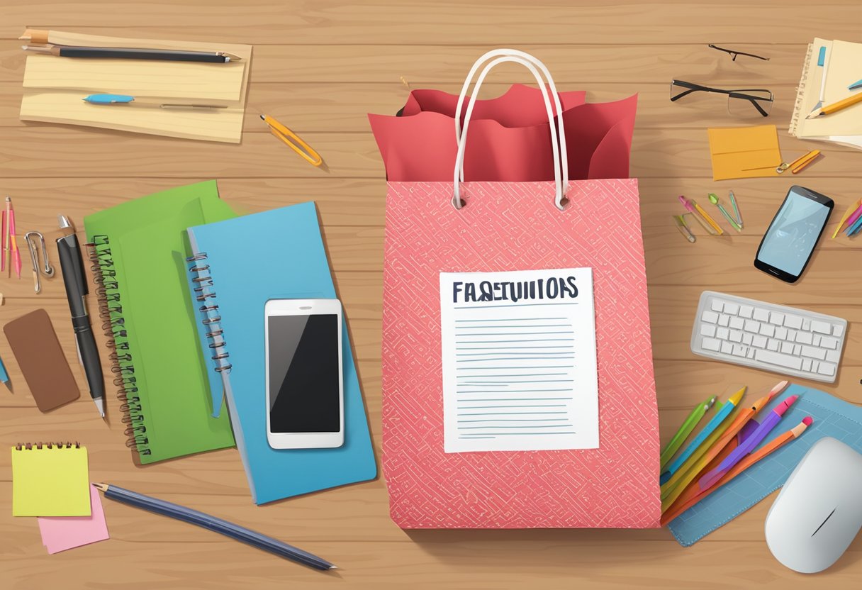 A red paper bag with "Frequently Asked Questions" printed on it sits on a wooden table, surrounded by various office supplies