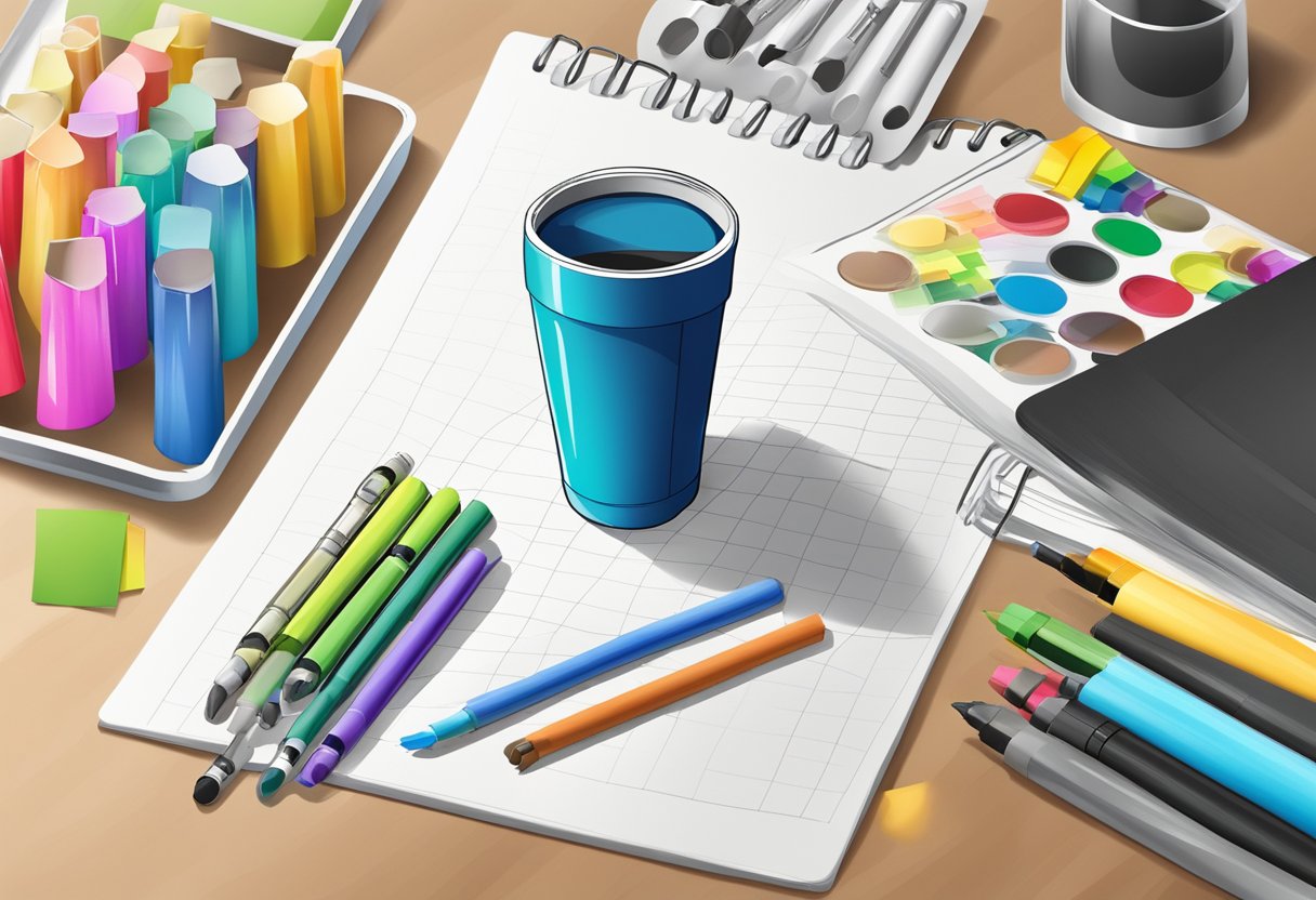 A table with a blank tumbler, surrounded by markers, stickers, and design samples