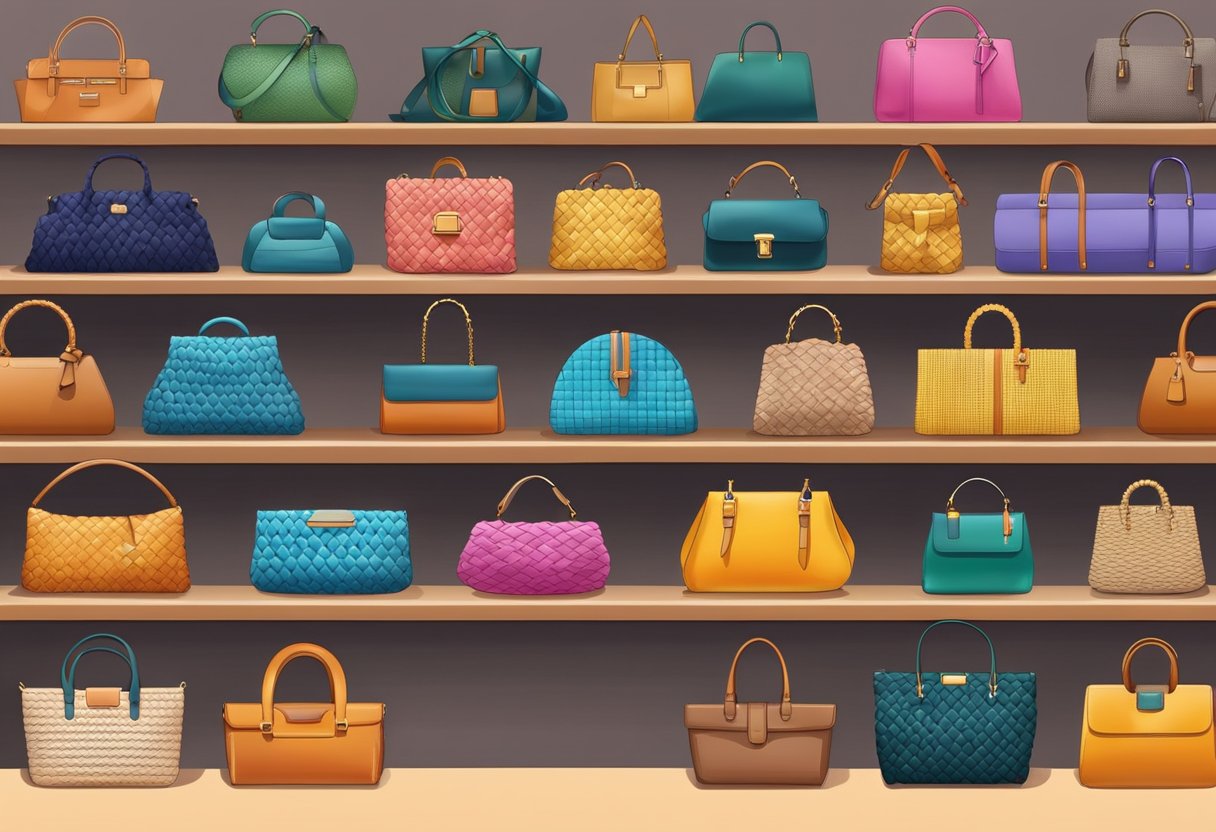 Colorful woven bags from various brands and designers displayed on shelves in a boutique setting