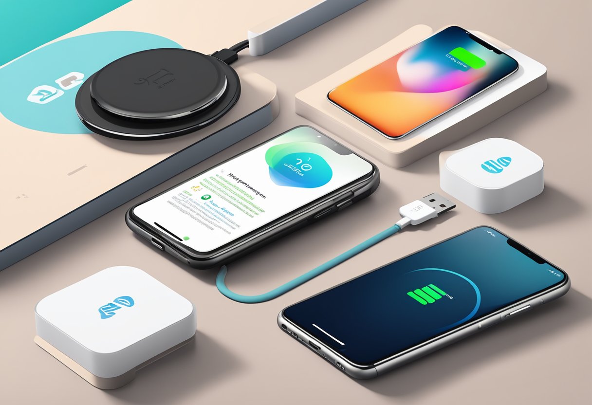 A sleek wireless charger surrounded by corporate branding materials and a stack of frequently asked questions cards