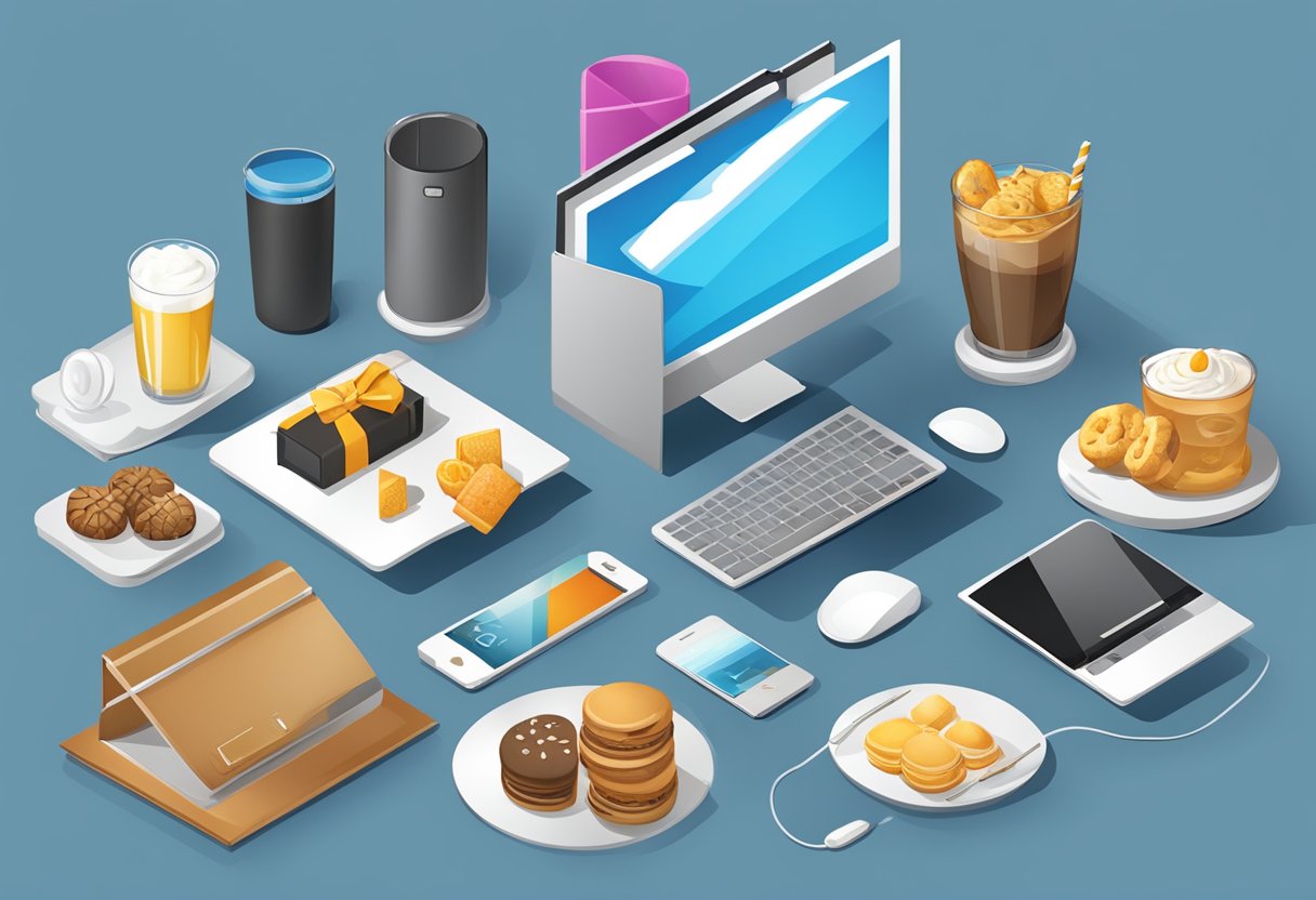 A table displays various unique corporate gifts, including tech gadgets, personalized items, and gourmet treats