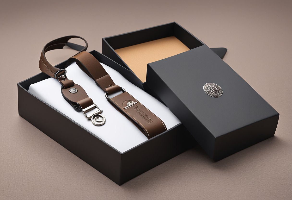 A leather lanyard with premium branding displayed on a sleek corporate gift box