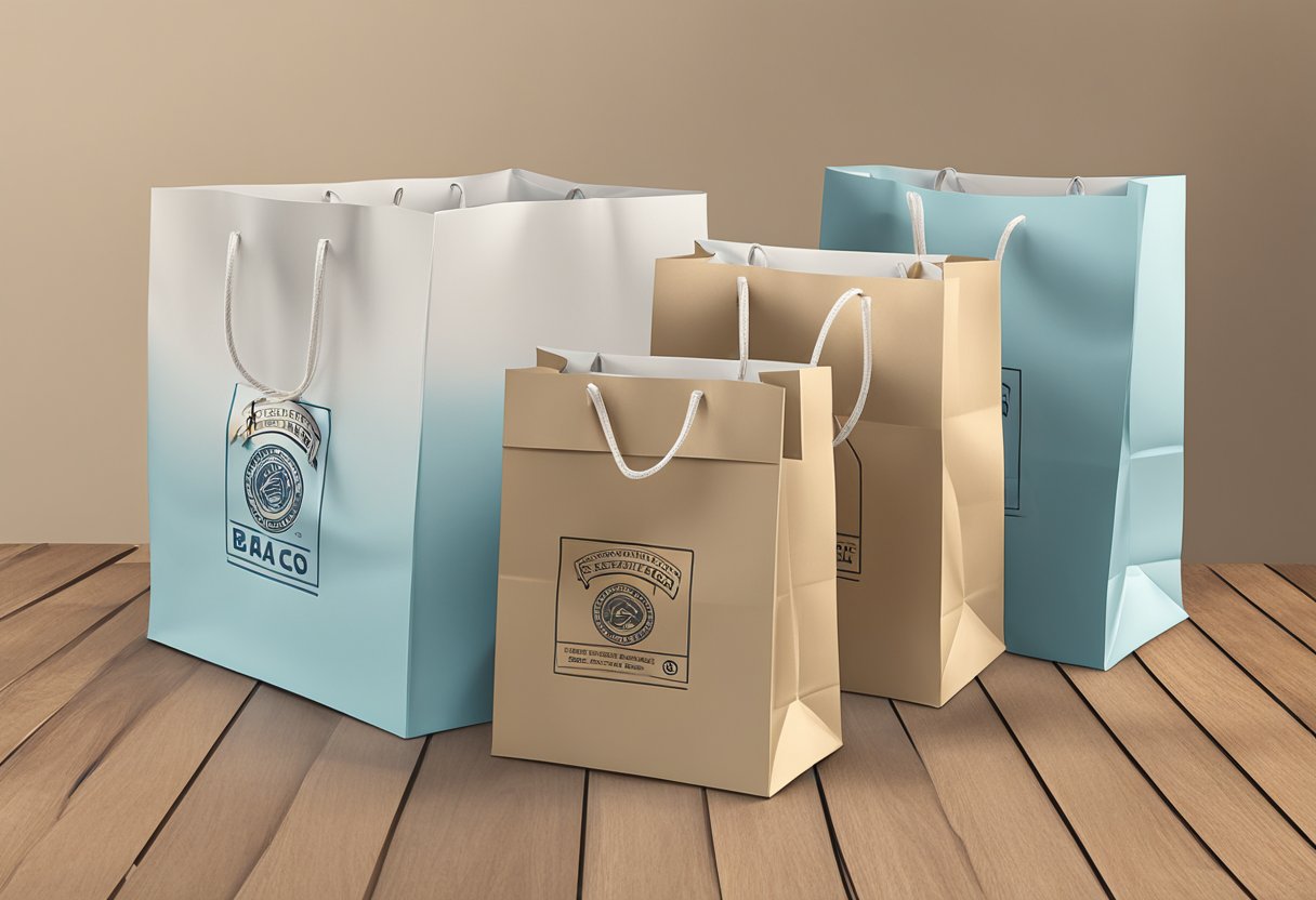 A stack of custom paper bags sits on a table, ready for use. The bags are sturdy and feature a clean, simple design with the company's logo prominently displayed