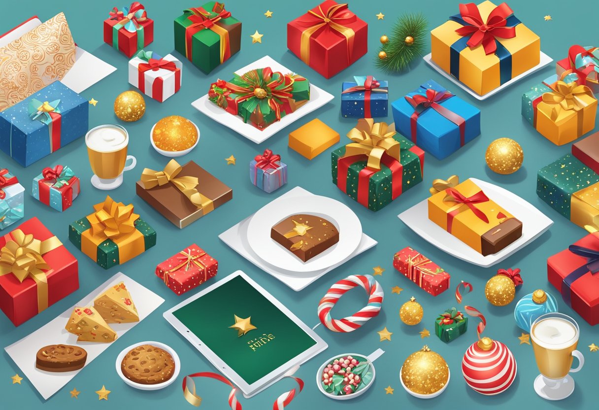 A table adorned with various corporate Christmas gifts, including branded items and luxury treats, surrounded by festive decorations