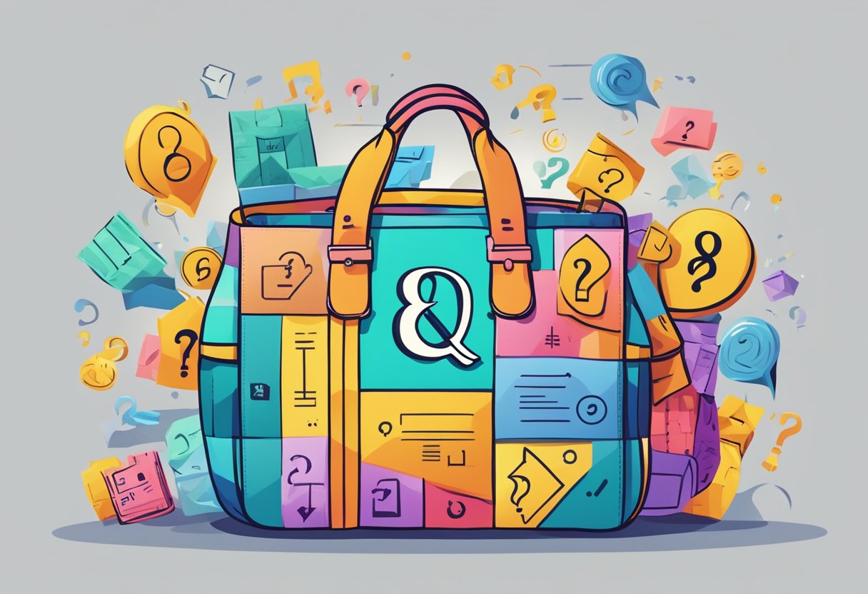 A colorful woven bag with "Frequently Asked Questions" text, surrounded by various question marks and symbols