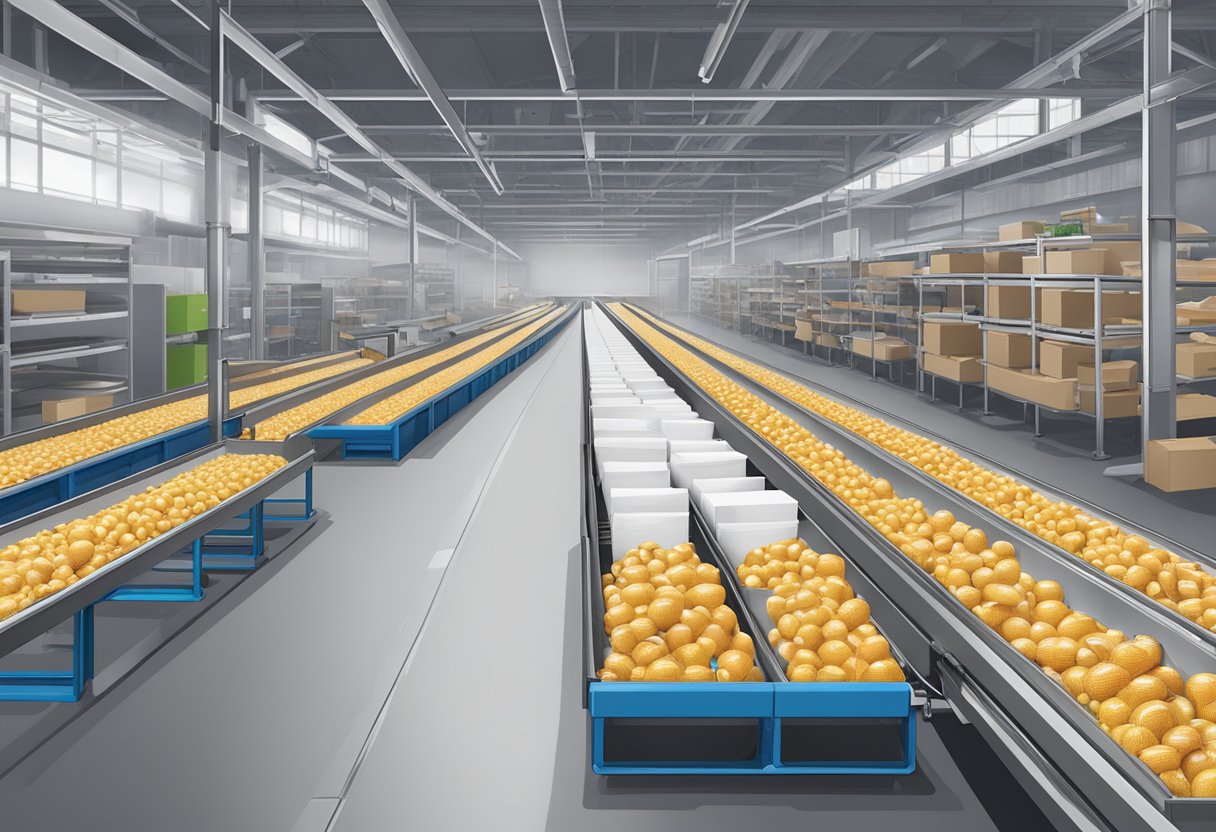 A factory conveyor belt moves custom reusable shopping bags into boxes for distribution
