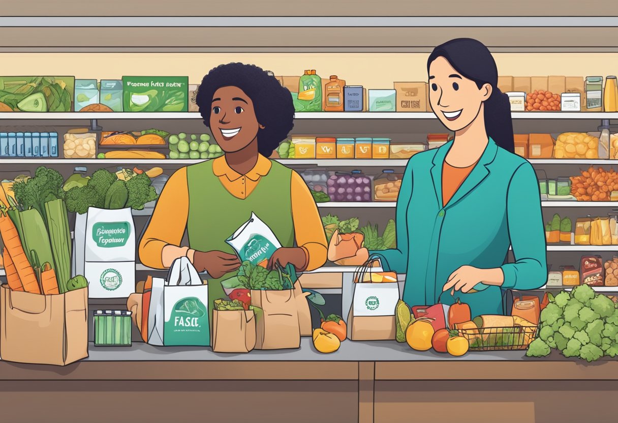 A custom reusable shopping bag with "Frequently Asked Questions" text, surrounded by various grocery items and a smiling cashier at the checkout counter