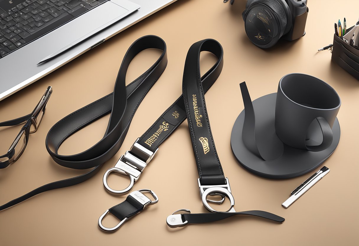 A leather lanyard with premium branding displayed on a sleek desk with other corporate gifts