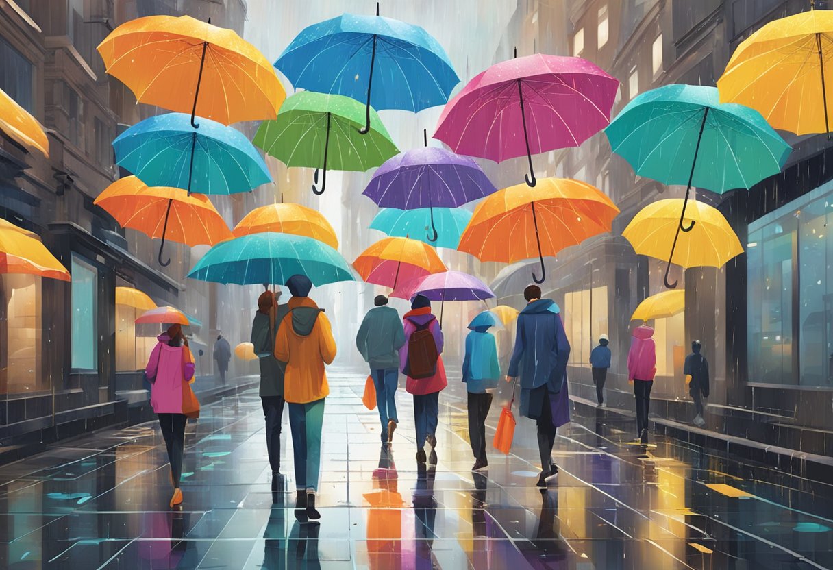 Colorful umbrellas with "Frequently Asked Questions" printed on each panel, scattered across a rainy city street