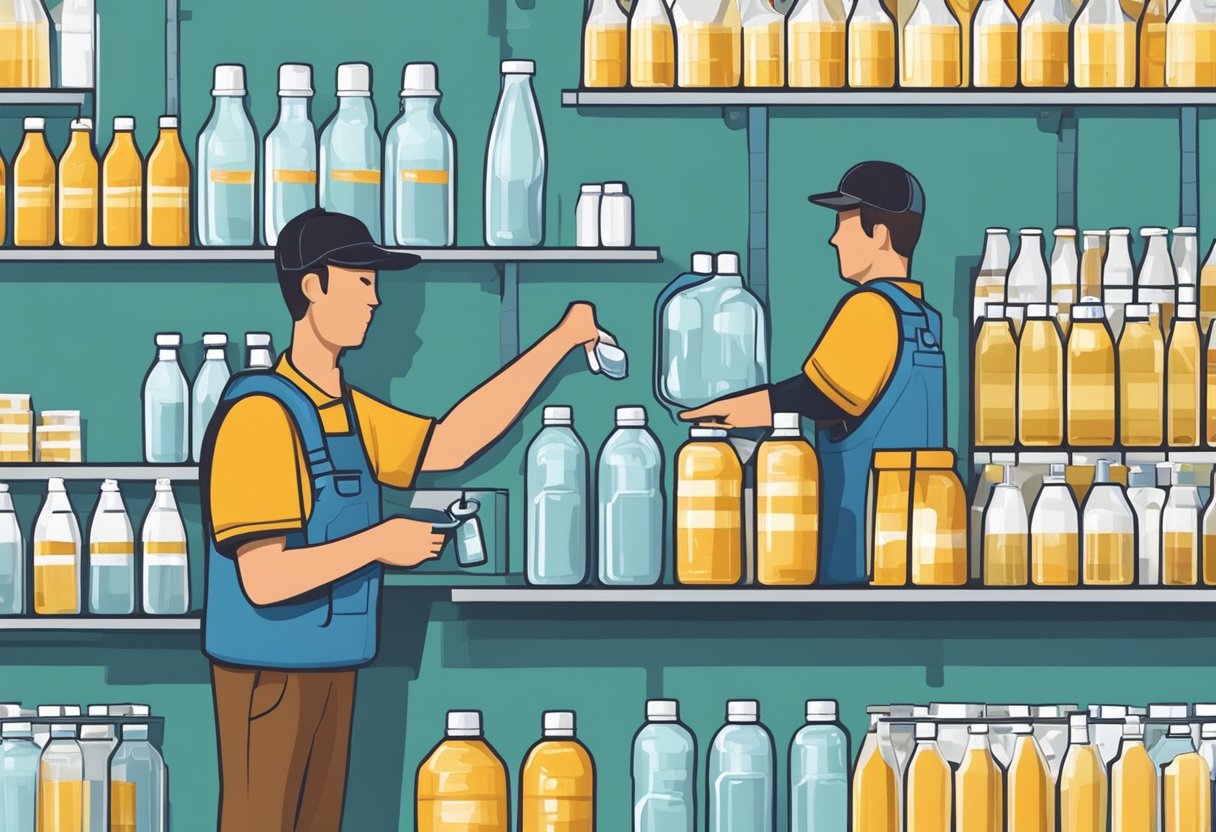 A factory worker affixes a logo onto water bottles, while a purchasing agent negotiates a bulk order for cheap production