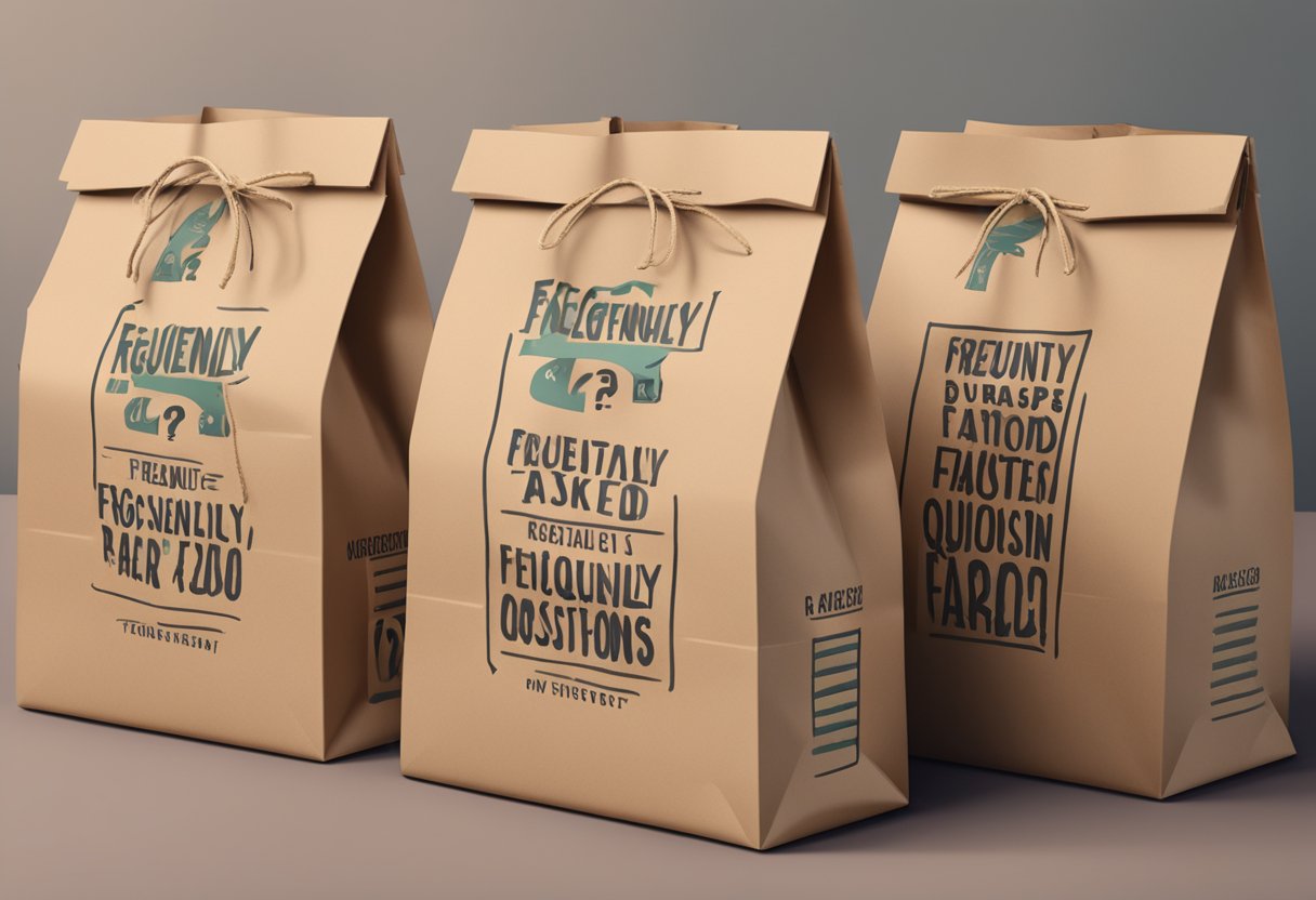 A stack of custom paper bags with "Frequently Asked Questions" printed on them, arranged neatly on a table