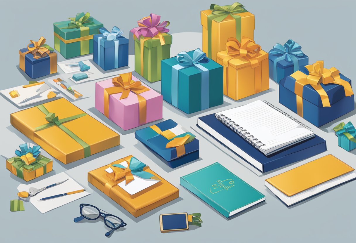 A table displays various unique corporate gifts, including branded items and personalized gifts. A sign reads "Strategies for Corporate Gifting."