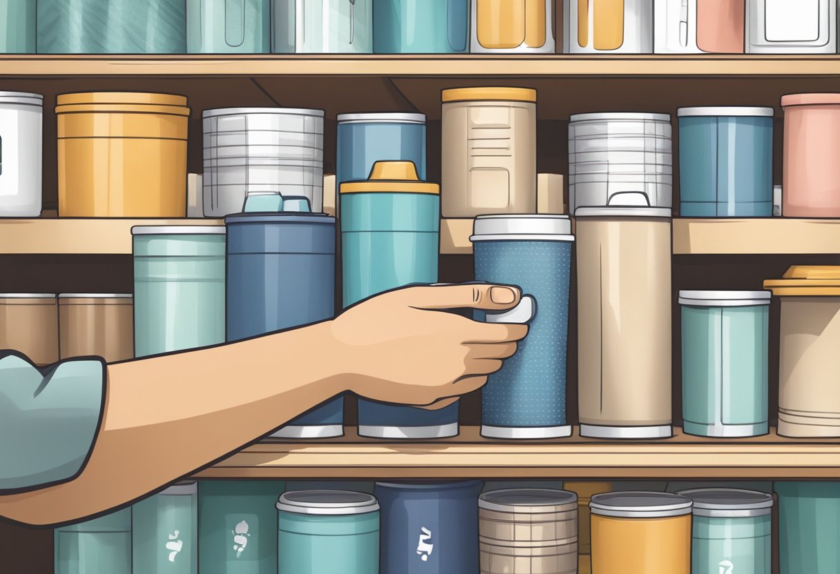 A hand reaches for a customizable tumbler on a store shelf. Another hand holds a delivery box with the same tumbler inside