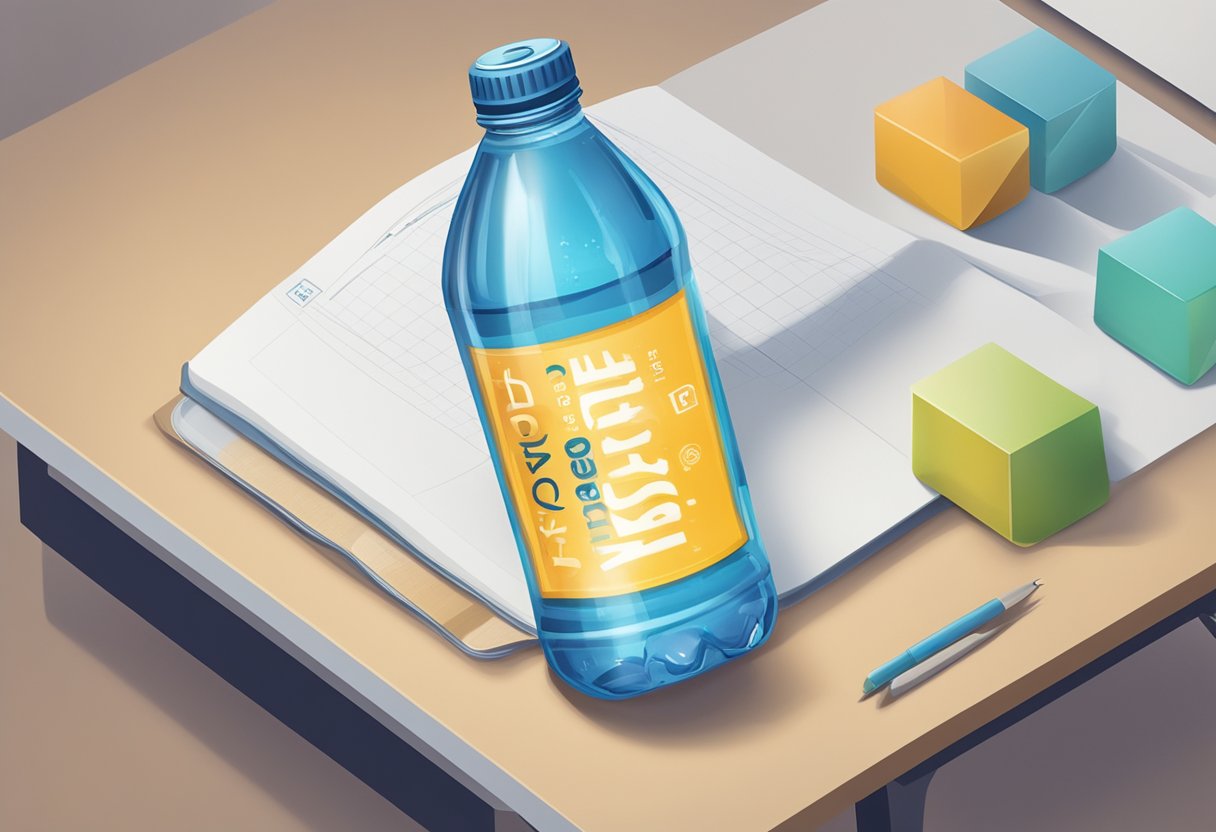 A water bottle with a prominent logo sits on a table, surrounded by text reading "Frequently Asked Questions" and "cheap."