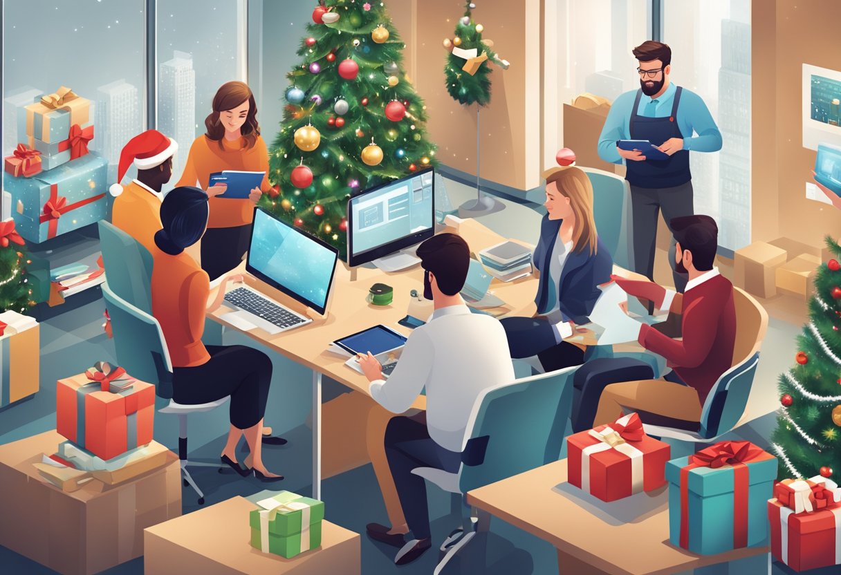 A festive office setting with a group of employees exchanging unique and creative corporate Christmas gifts, such as personalized tech gadgets and custom-designed office decor