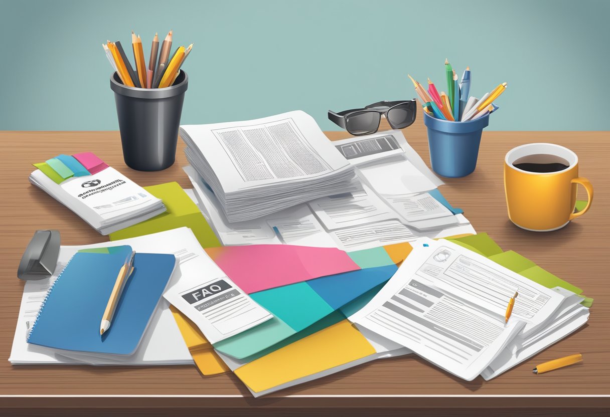 A table with neatly arranged FAQ pamphlets and branded corporate gifts