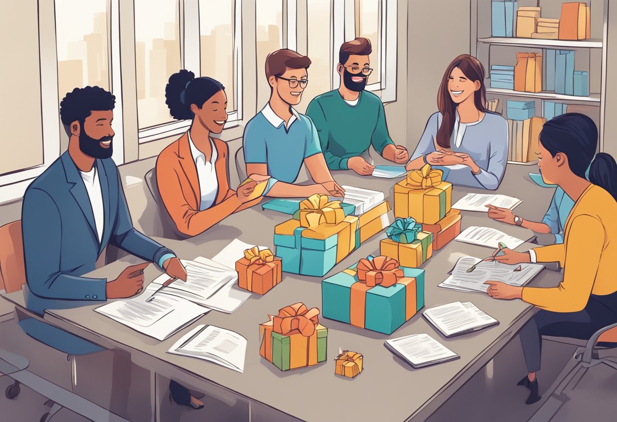 A table with various gift options, a sign reading "Frequently Asked Questions unique corporate gifts for employees," and a group of employees discussing and selecting gifts