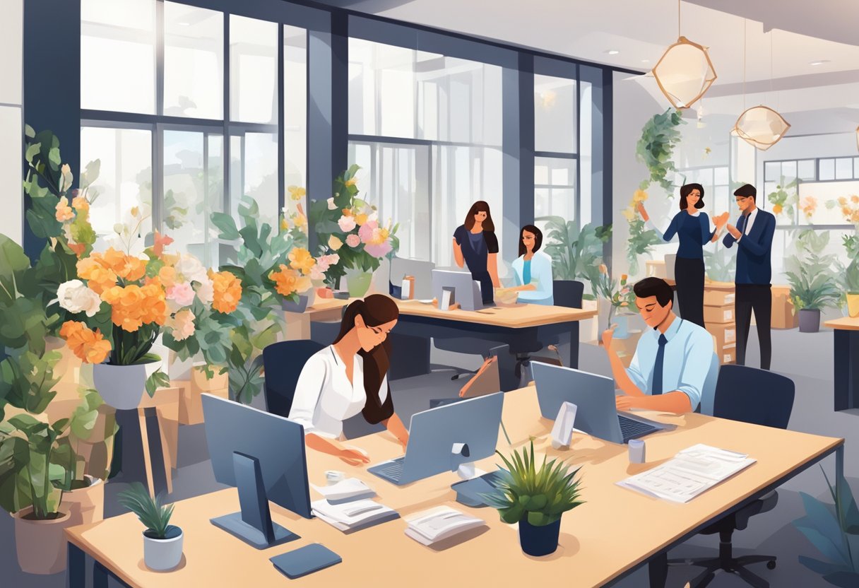A busy office with wedding decor, flower arrangements, and a calendar filled with appointments. A team of planners discussing details and making phone calls