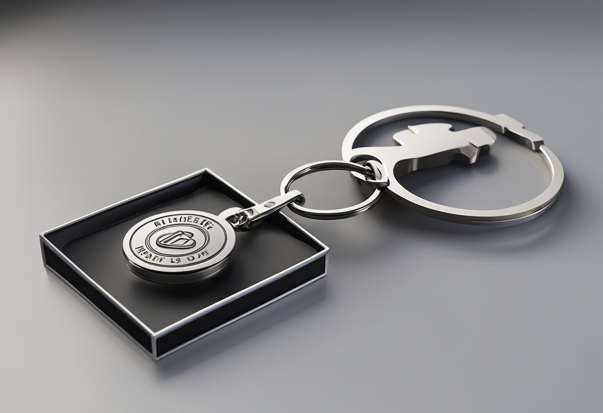 A keychain with the company logo attached to a sleek and modern metal key ring, presented in a luxurious black velvet box