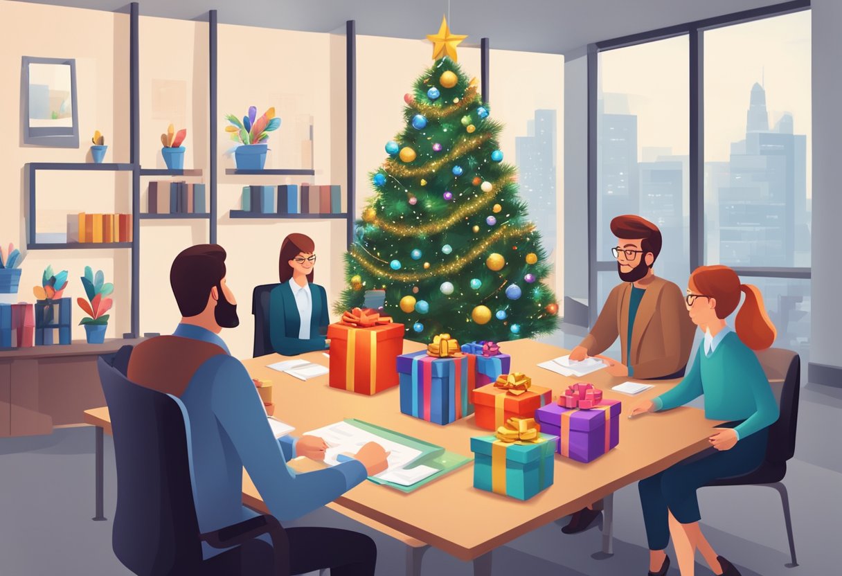 A festive office setting with employees exchanging unique and thoughtful gifts. Decorated Christmas tree in the background. A table with various gift options