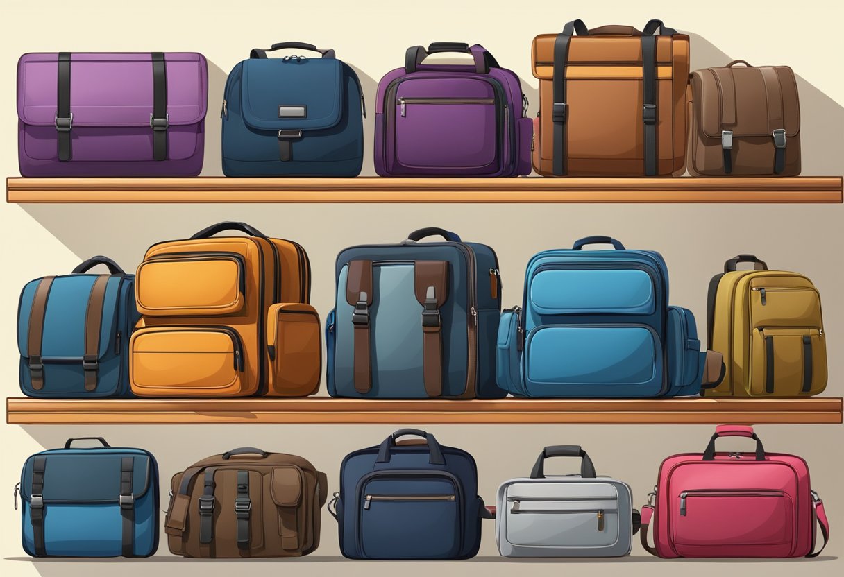Several laptop bags of different sizes and colors are neatly arranged on a shelf, with some open to show their interior compartments and padding
