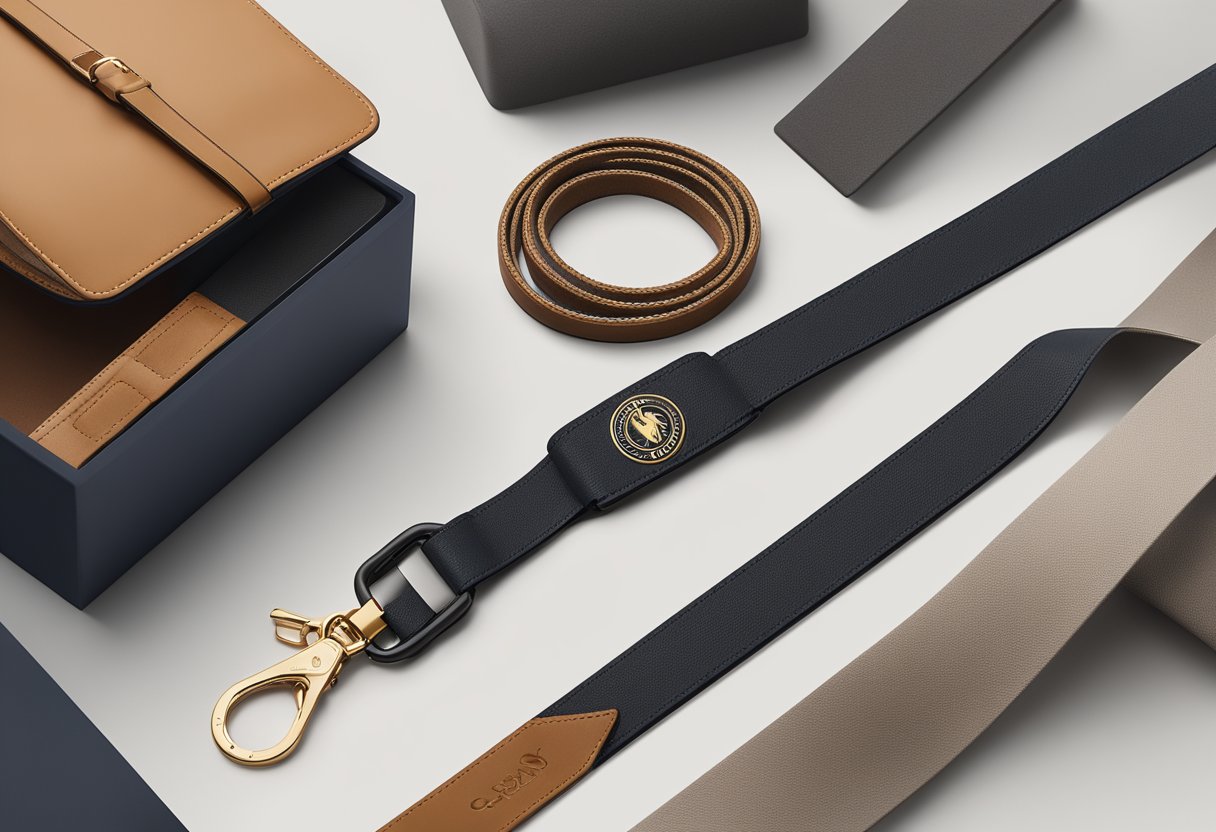 A hand reaches for a premium branded leather lanyard. The lanyard is displayed against a backdrop of luxurious materials and sophisticated branding