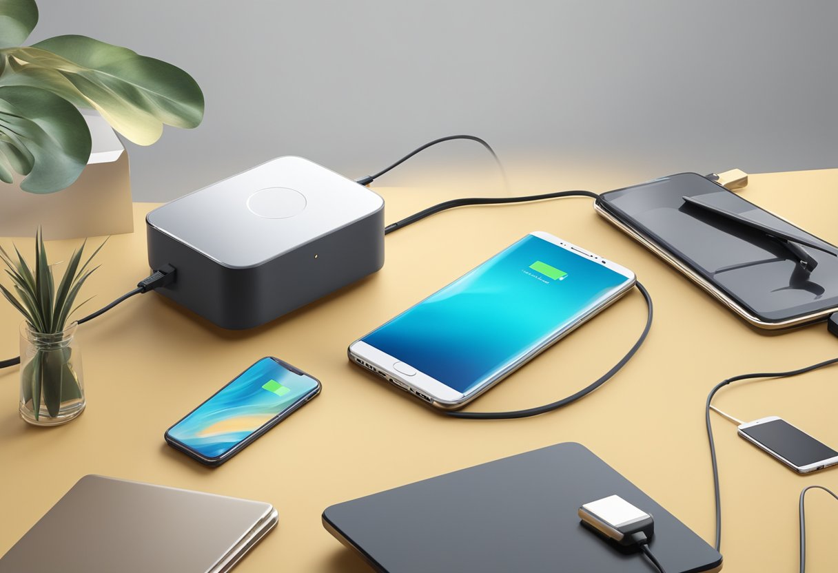 A sleek standing charger surrounded by various corporate gifts