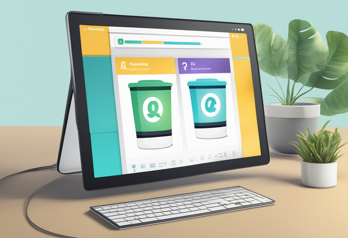 A customizable tumbler with "Frequently Asked Questions" text and various design options displayed on a computer screen
