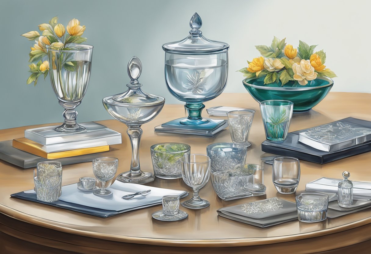 A table adorned with corporate gifts, including glass awards and engraved glassware, arranged neatly for display