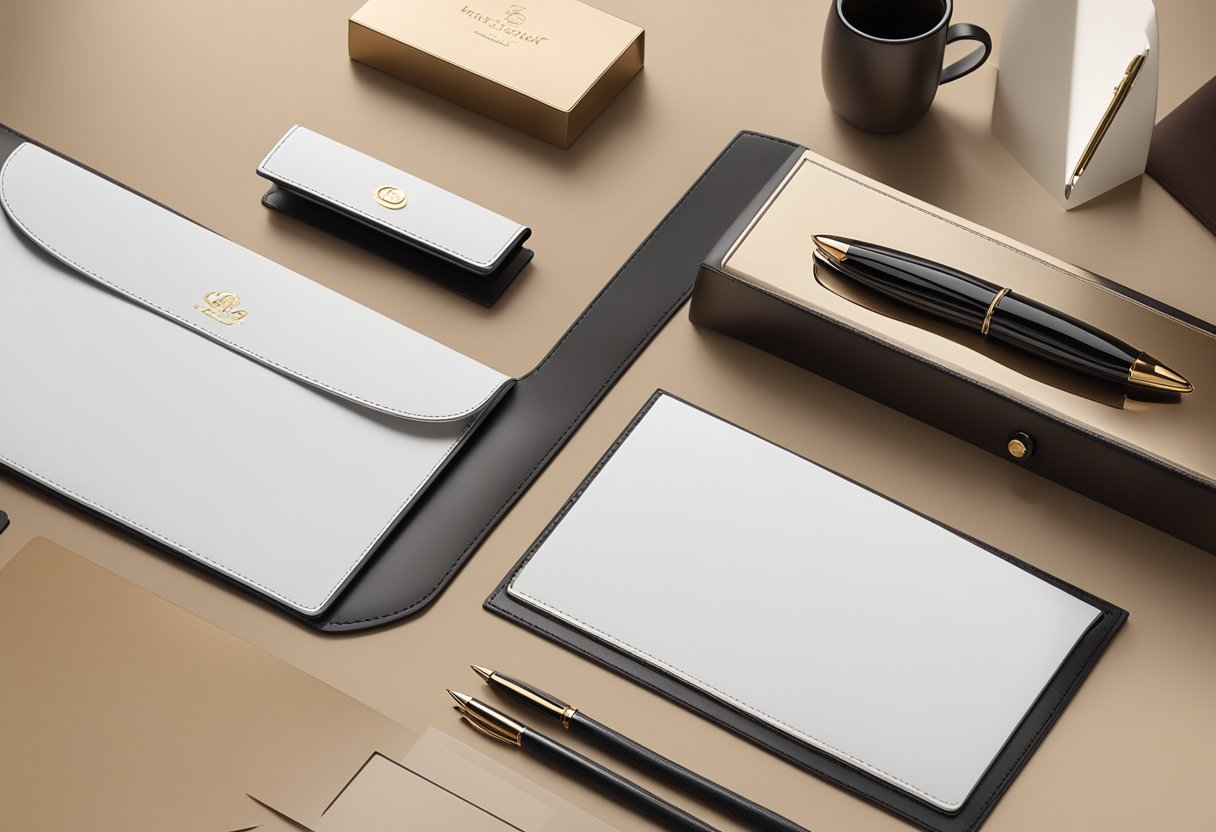 A leather corporate gift sits on a sleek desk, surrounded by elegant stationary and a polished nameplate