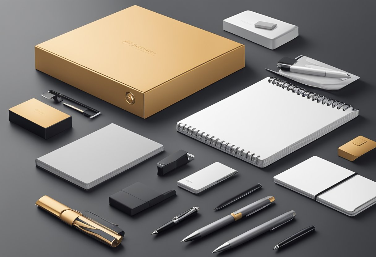 Various corporate gifts displayed on a sleek, modern table. Branded items like pens, notebooks, and tech gadgets are neatly arranged with elegant packaging