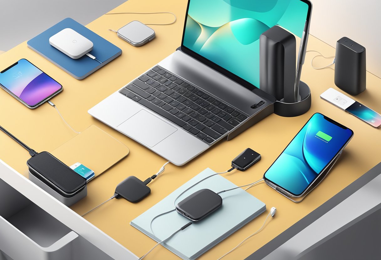 A sleek, modern corporate gift with an integrated charger stands on a clean, minimalist desk, surrounded by other high-tech gadgets and office supplies