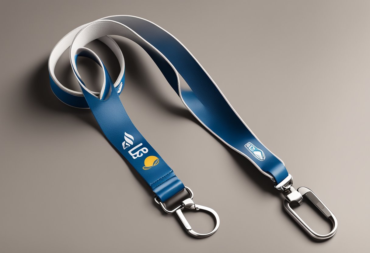 A sleek leather lanyard adorned with a premium branded corporate logo, displayed against a clean, modern backdrop