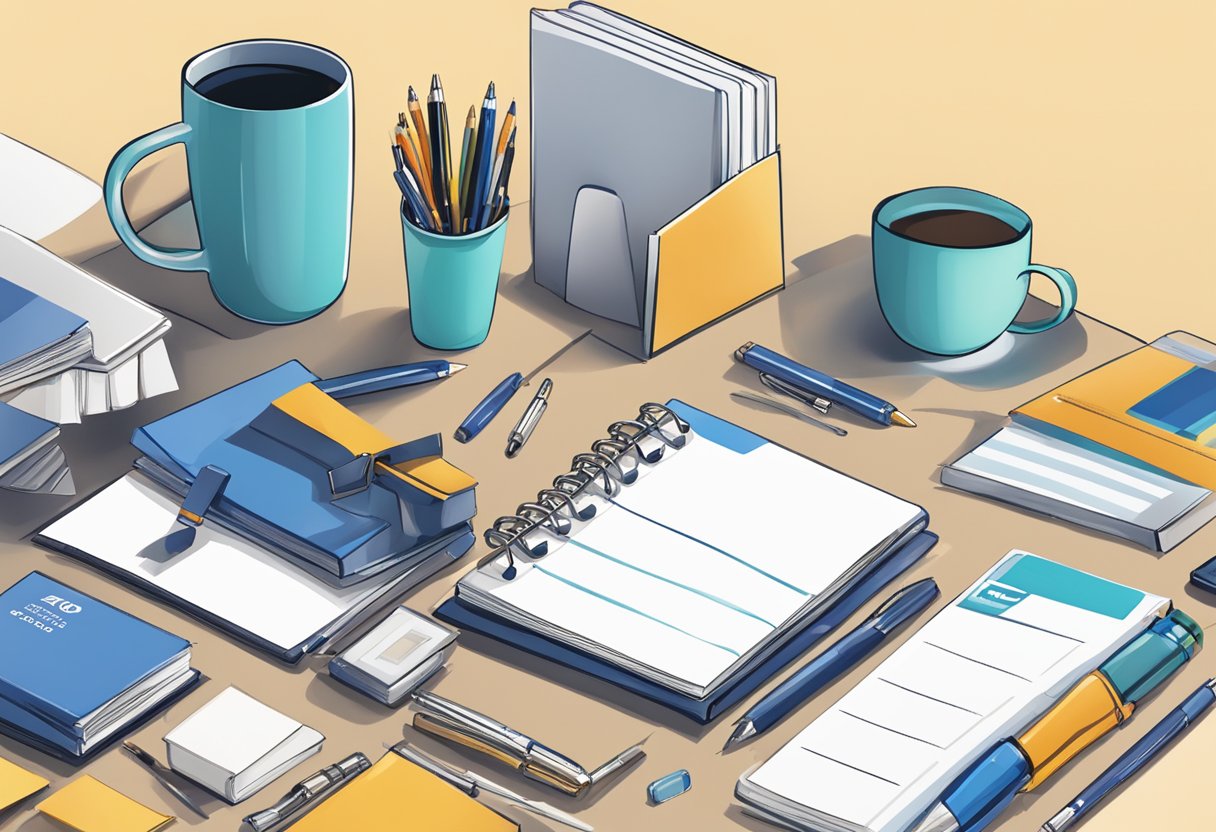 A table with various small corporate gifts under $10, such as branded pens, notepads, and mugs. The gifts are neatly arranged and displayed on the table