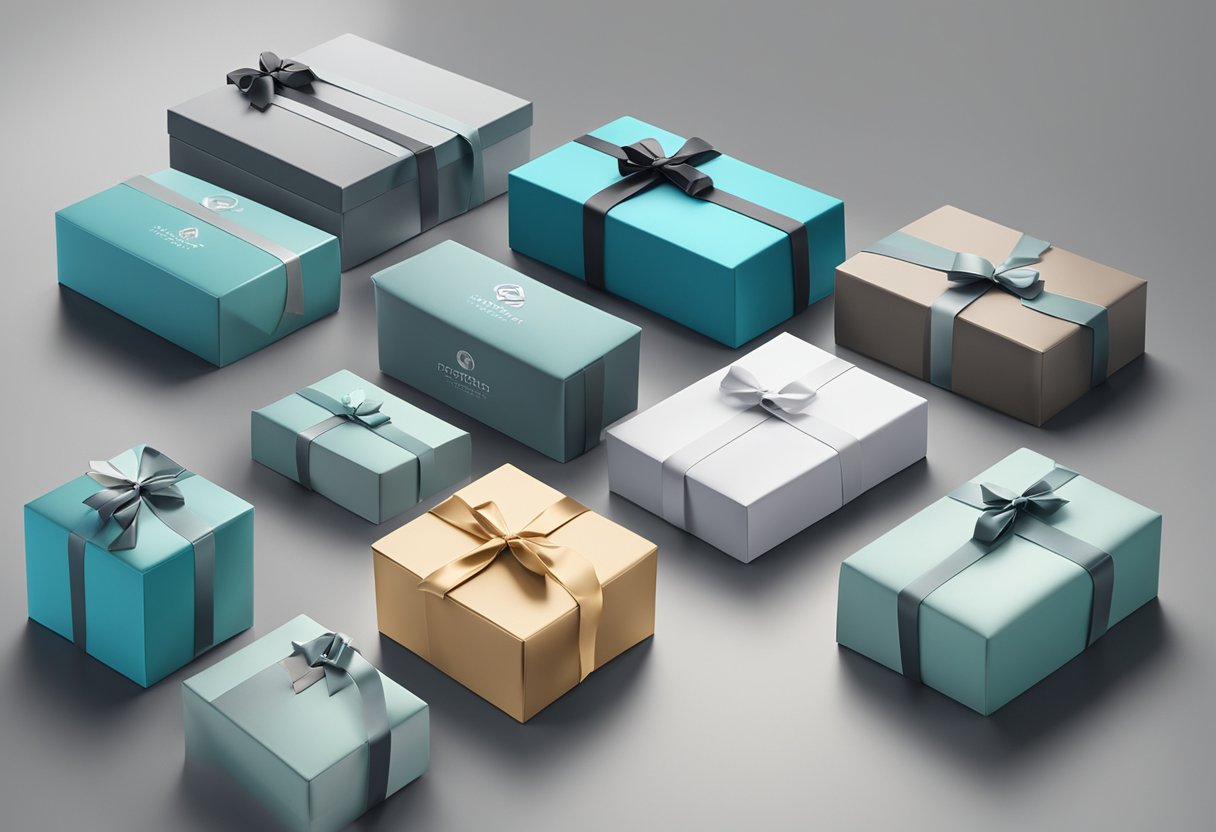 A group of neatly wrapped corporate gifts displayed on a sleek, modern table. A company logo is subtly embossed on each gift box