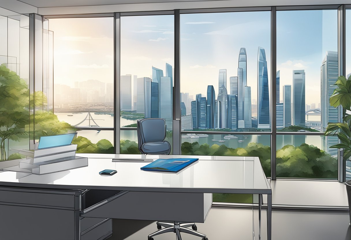A glass corporate gift sits on a sleek desk in a Singapore office, with the city skyline visible through the window