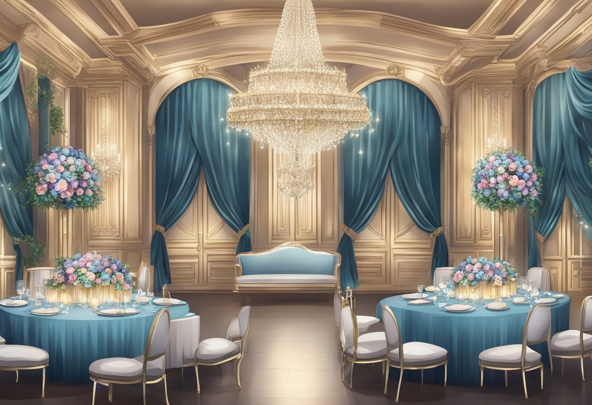 A beautifully decorated event space with elegant floral arrangements, sparkling chandeliers, and luxurious seating for a corporate event or wedding