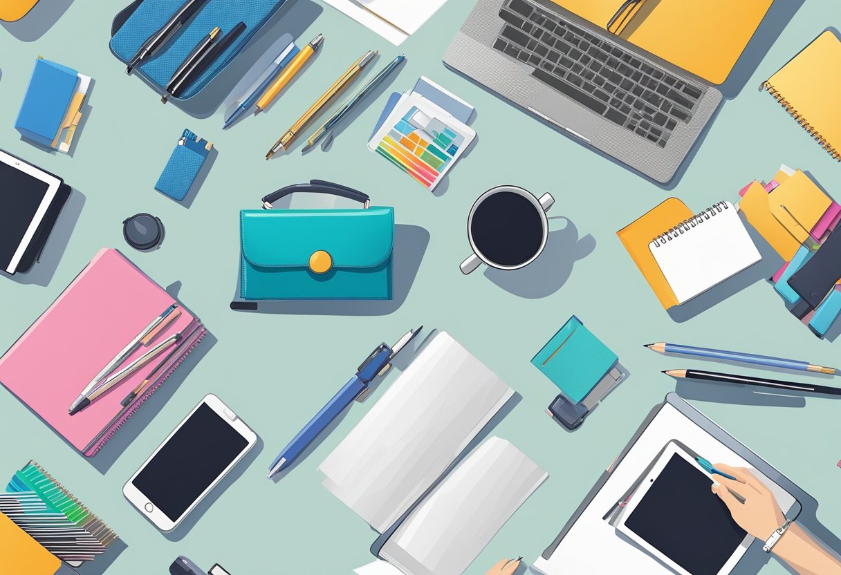A hand reaches for a selection of corporate gifts under 10, displayed on a sleek, modern table. Items include pens, notebooks, and tech accessories