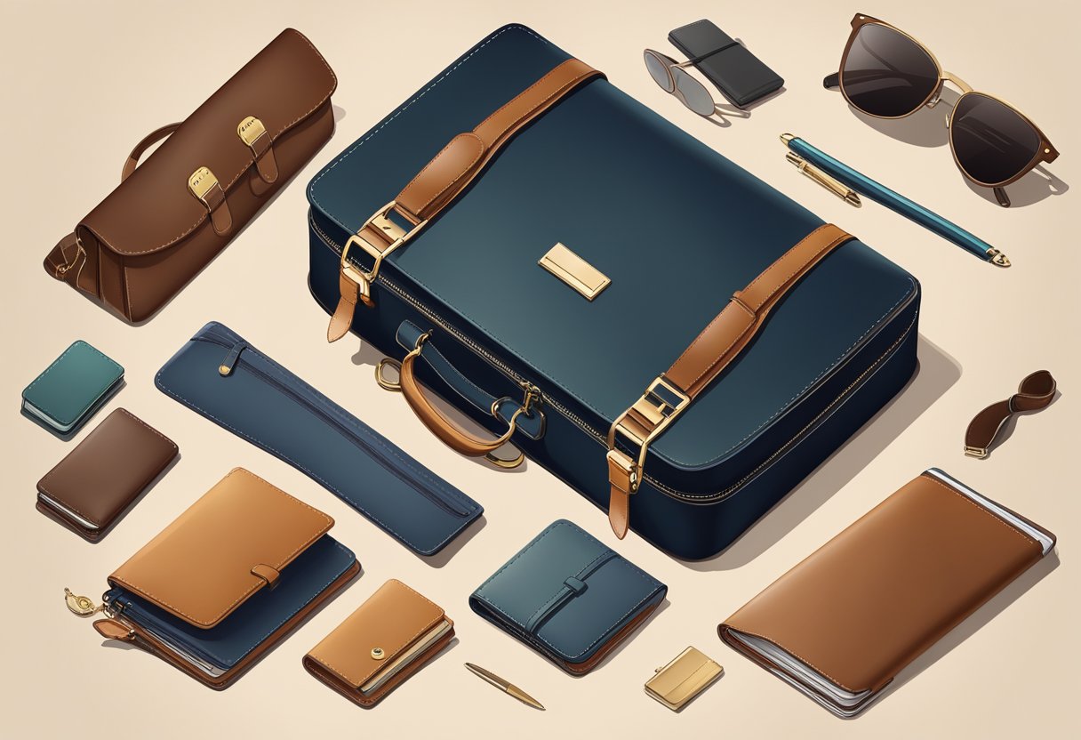 A hand reaches for a sleek leather briefcase, surrounded by other premium leather gifts like wallets and notebooks