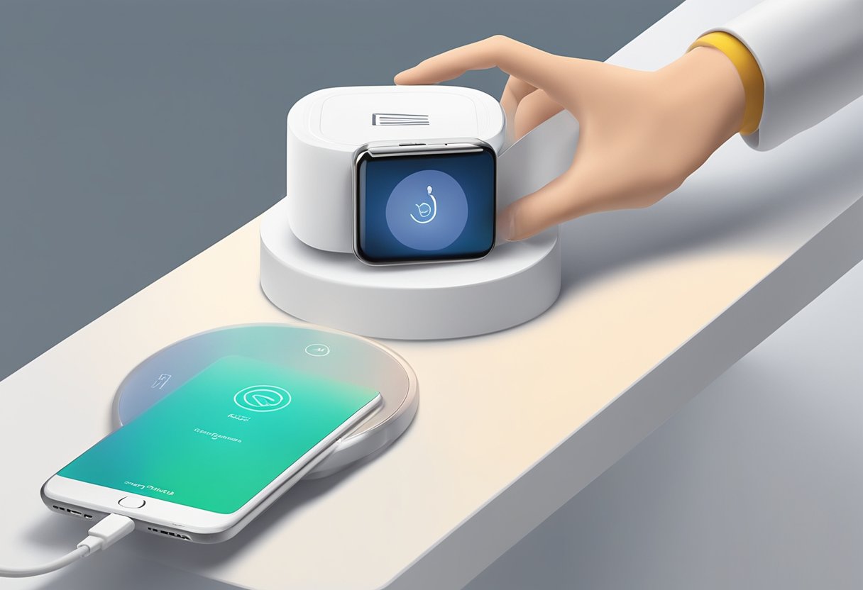 A hand reaches for a sleek, modern standing charger with the "Selecting the Right Charger for Your Brand" logo displayed prominently on the front