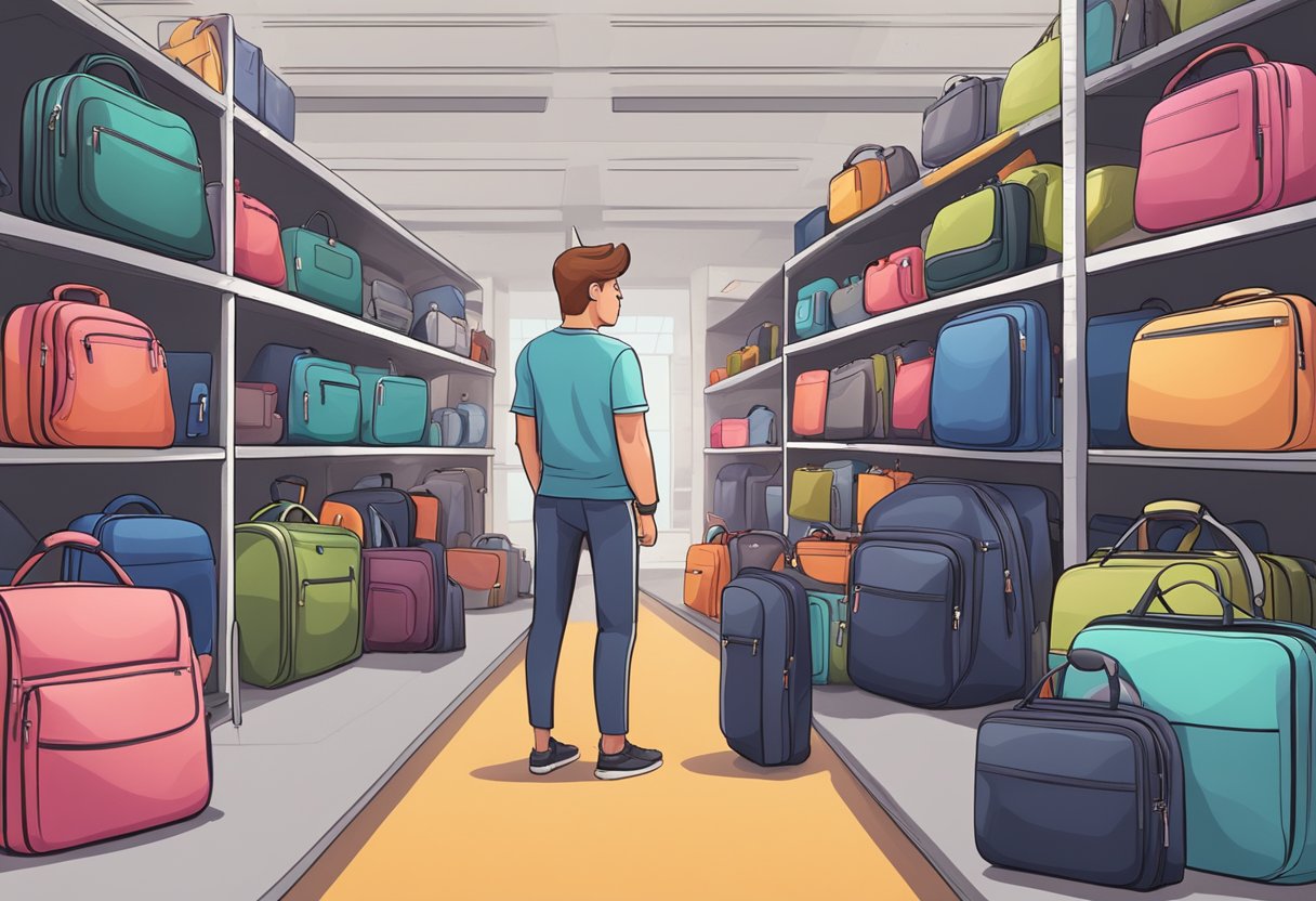 A person stands in front of a display of various laptop bags, carefully examining the different styles, sizes, and features to find the perfect one for their needs