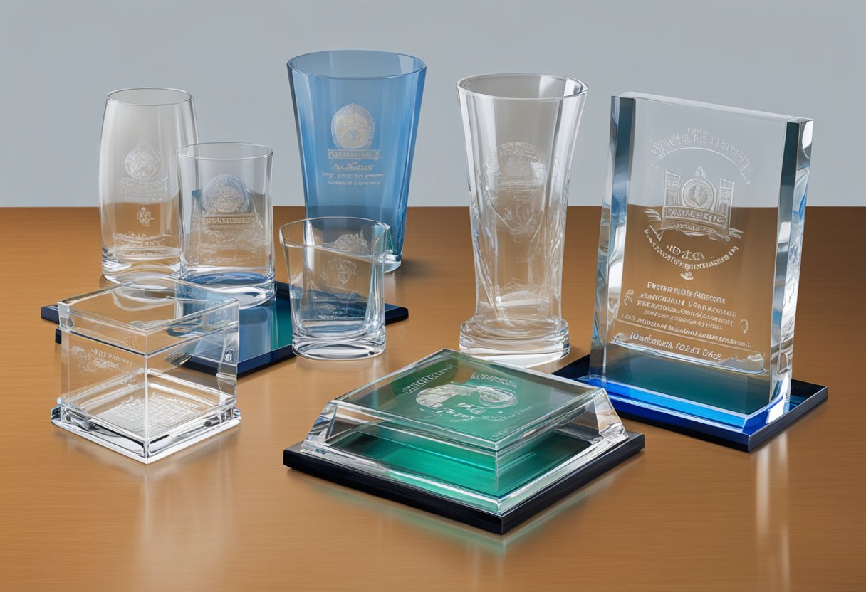 A table displays various customised glass corporate gifts. Logo etched on glassware, engraved plaques, and personalized awards showcased